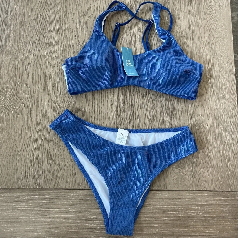 Cupshe Blue Ribbed Shimmer Scoop Neck Bikini Set Two‎ Piece Swimsuit Medium NEW